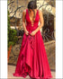 Dark Red Chiffon Prom Dresses 2018 V-Neck Ruffles Long Prom Gowns Backless Fashion